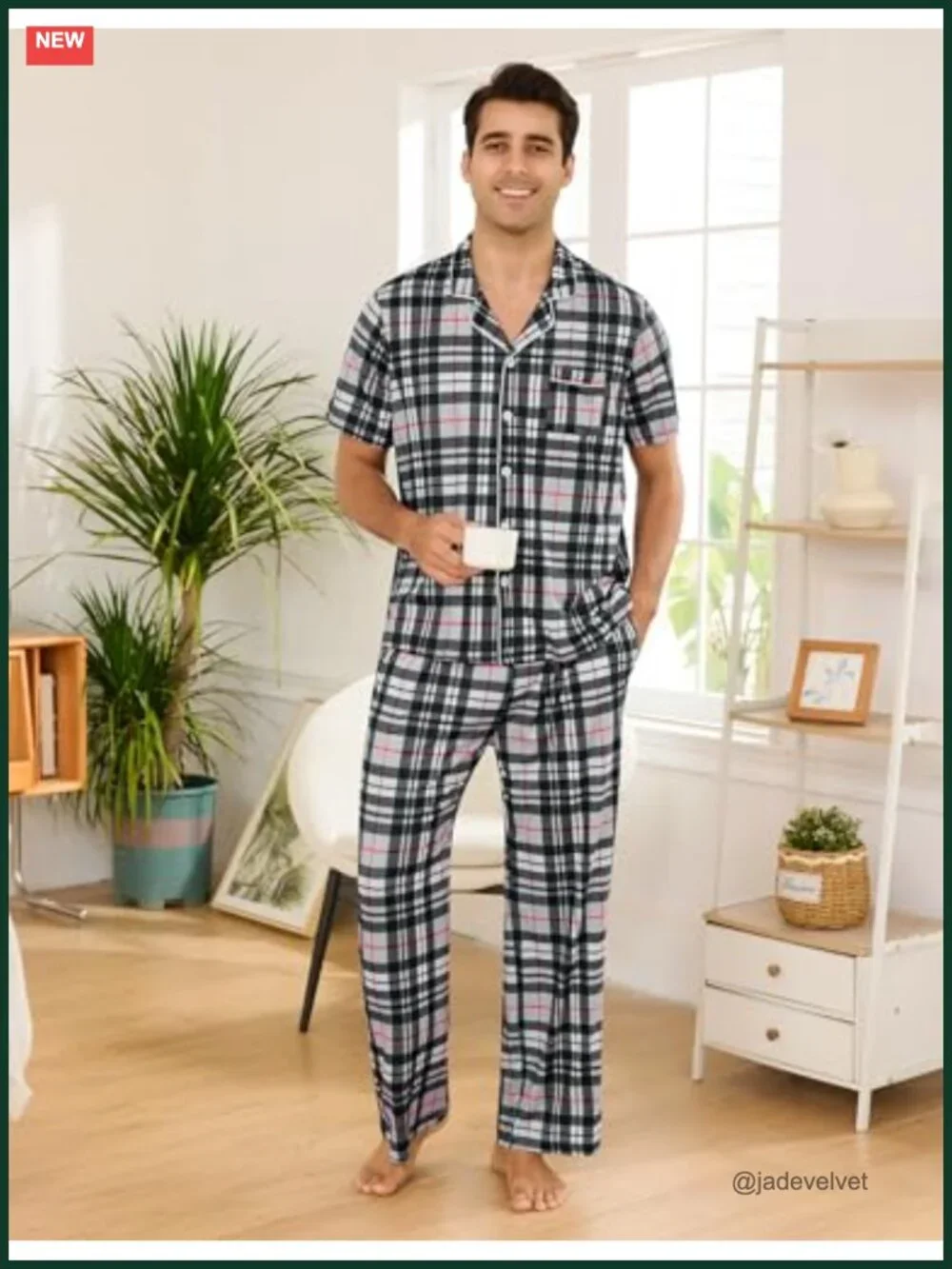 Men's Short Sleeve Pajama Set Button Down Sleepwear with Pockets S-XXL